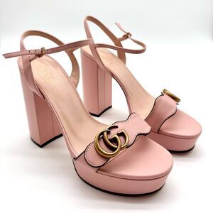 Gucci GG Marmont Platform Sandals Pink Block High Heel Ankle Strap EU 38 US 38